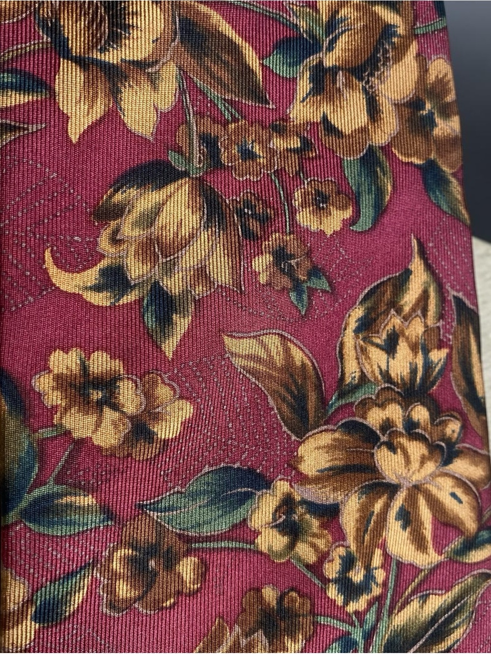 Men's Floral Tie in Berry with Gold Floral Pattern